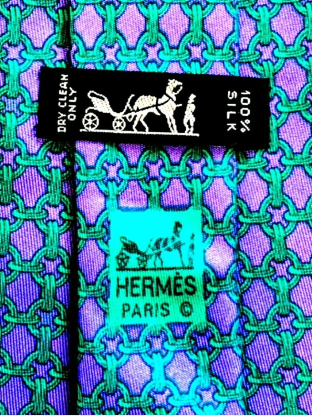 Hermes Geometric Chain Links Purple Men's Silk Tie #59 EA 3.5